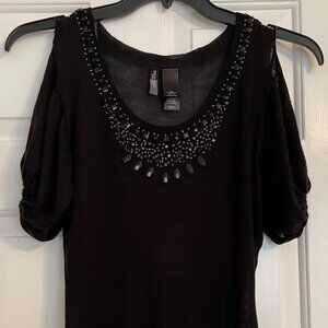 Black Bisou Bisou Cold-shoulder Bejeweled Blouse Size L